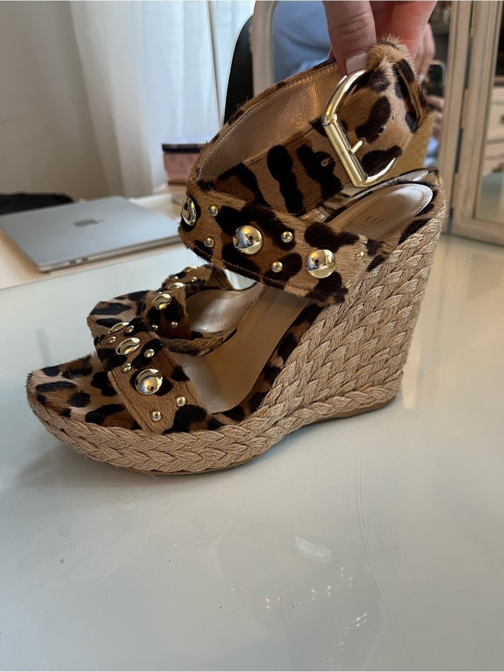 Stuart Weitzman Leopard Print Studded Espadrille Wedges